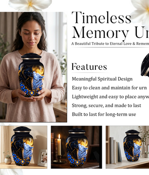 Personalized Wolf Cremation Urn for Ashes, Black and White Wolf Memorial Urn, Blue Floral Adult Urn, Custom Adult Urn