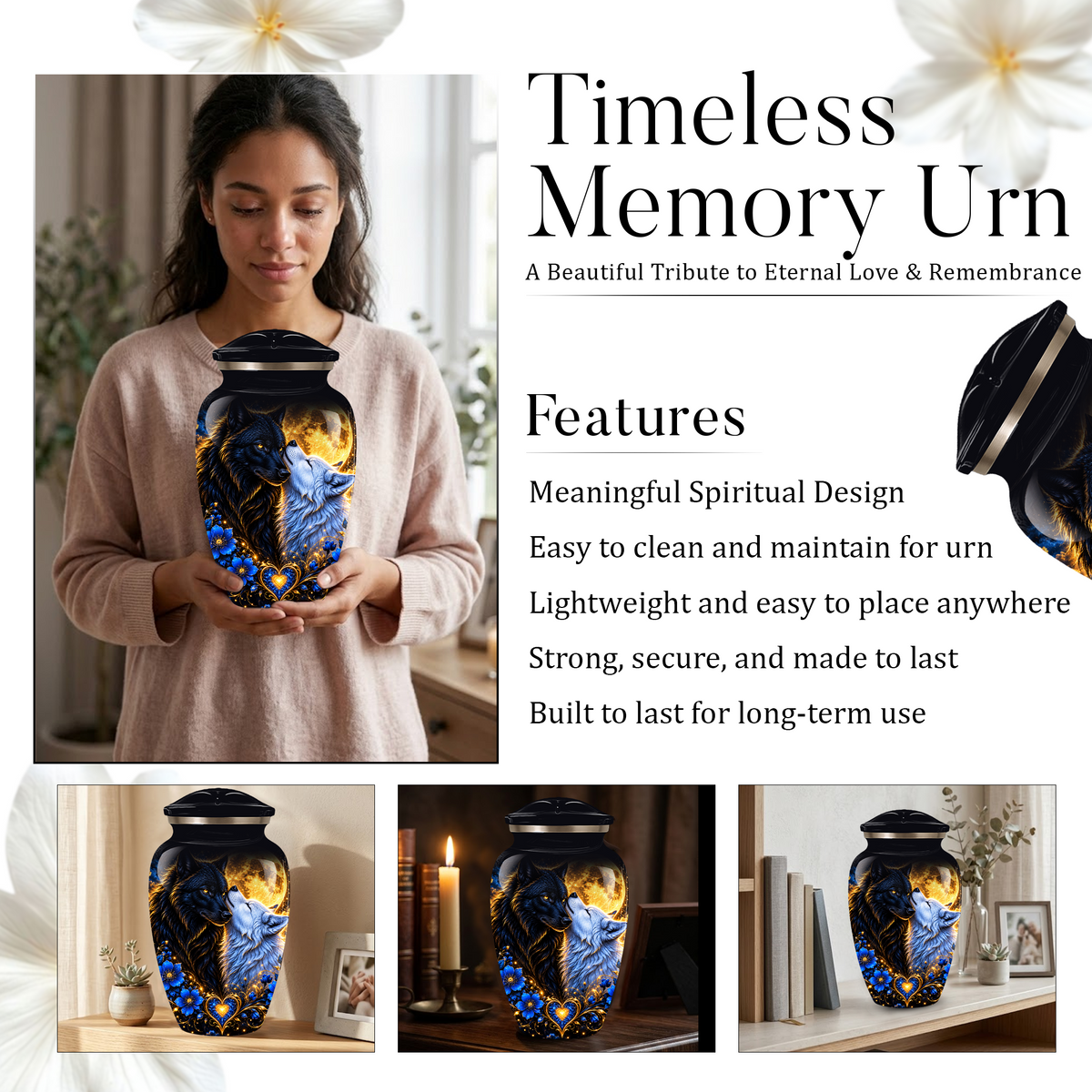 Personalized Wolf Cremation Urn for Ashes, Black and White Wolf Memorial Urn, Blue Floral Adult Urn, Custom Adult Urn