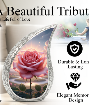 Personalized Pink Rose Cremation Urn – Custom Floral Memorial Urn for Ashes, Elegant Teardrop Aluminum Adult Urn, 10 Inch