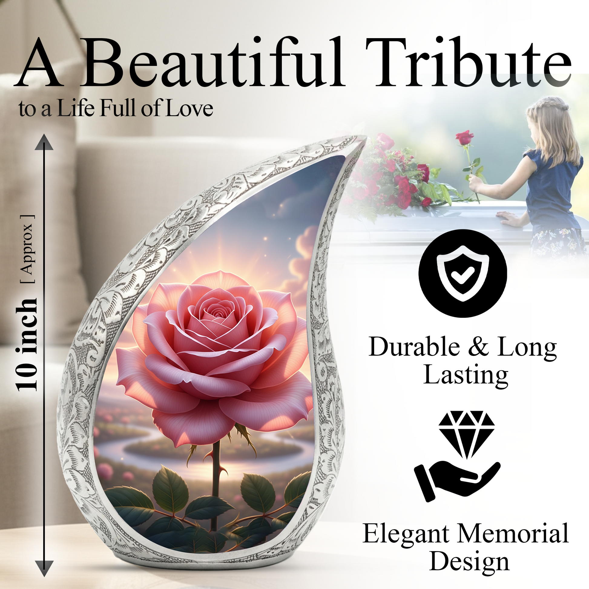 Personalized Pink Rose Cremation Urn – Custom Floral Memorial Urn for Ashes, Elegant Teardrop Aluminum Adult Urn, 10 Inch