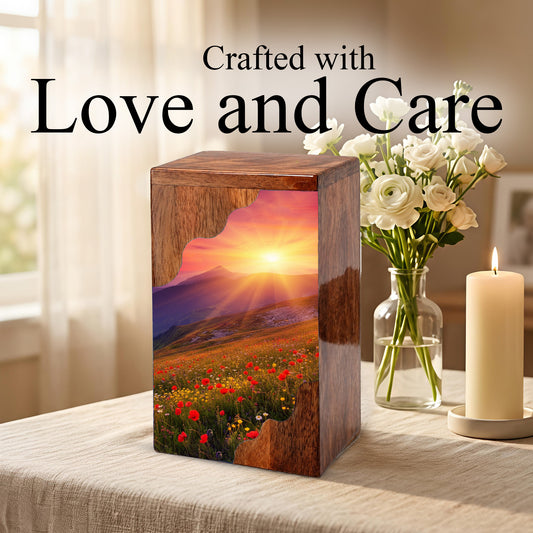 Sunrise Cremation Urn – Custom Wooden Memorial Urn Box for Ashes