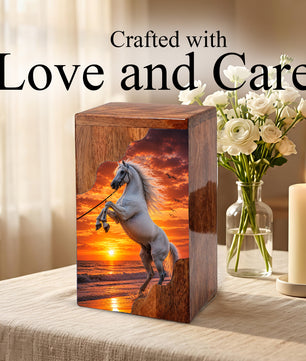 Sunset Horse Wooden Cremation Urn – Ocean Memorial Urn for Human Ashes