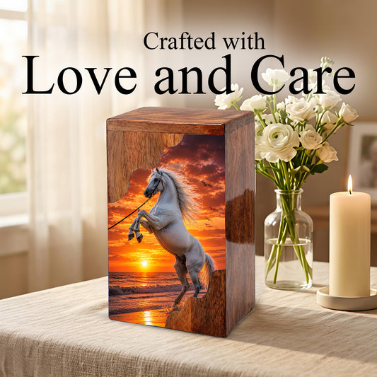 Sunset Horse Wooden Cremation Urn – Ocean Memorial Urn for Human Ashes