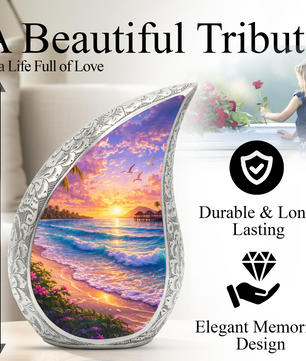 Personalized Beach Cremation Urn – Custom Ocean Sunset Memorial Urn for Ashes, Tropical Beach Teardrop Aluminum Adult Urn, 10 Inch |
