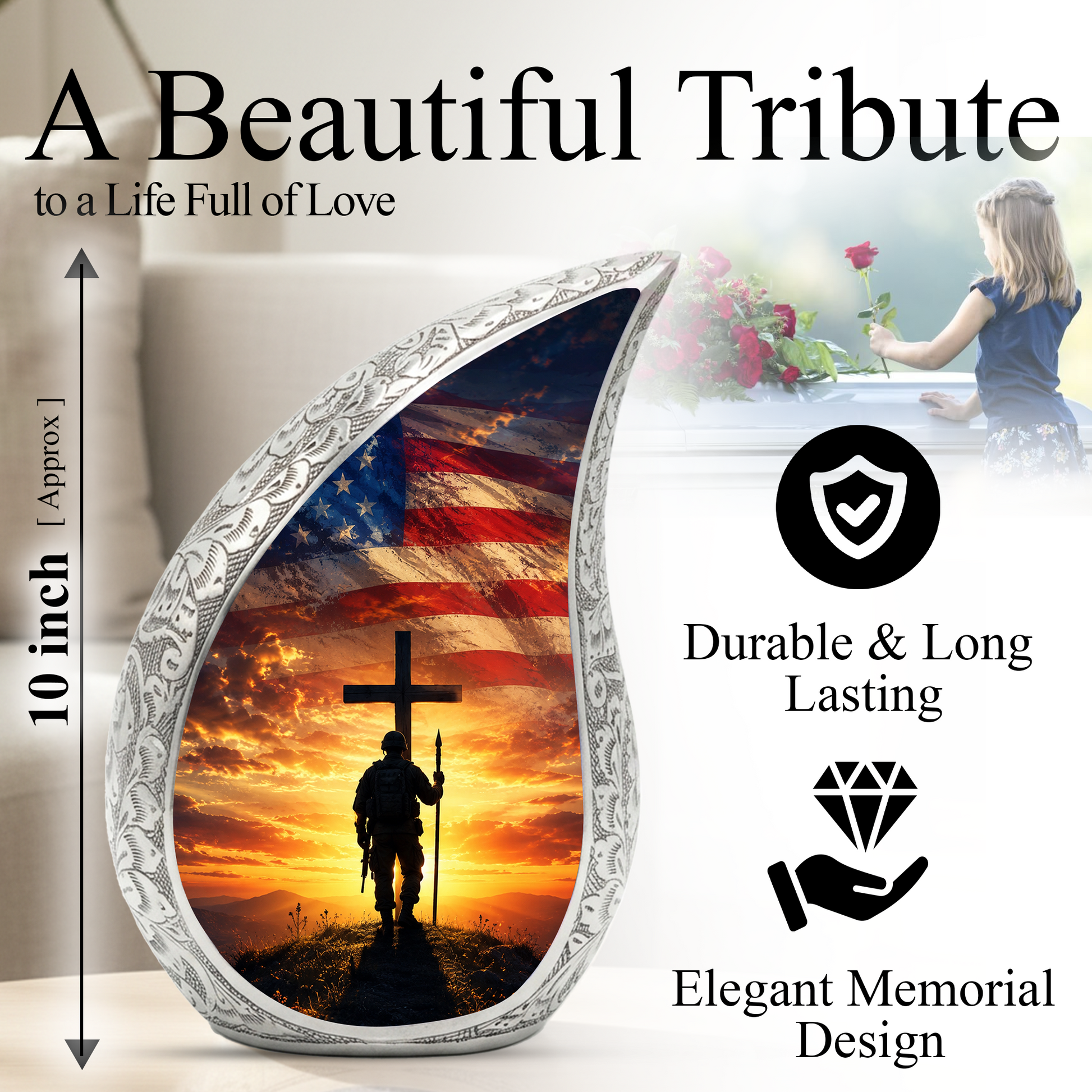 Military Cross Urn for Dad | Patriotic Cremation Urn for Adult Male Ashes