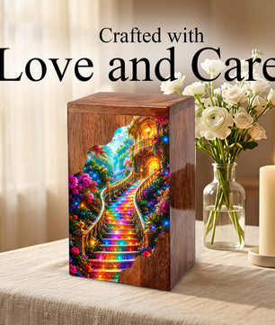 Enchanted Garden Stairway Wooden Cremation Urn – Personalized Memorial Urn for Human Ashes