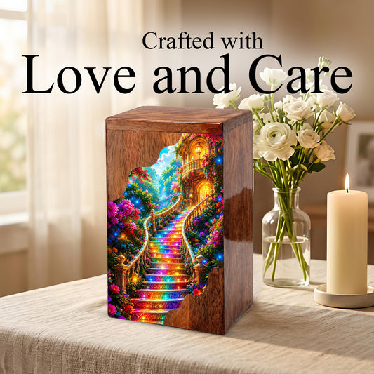 Enchanted Garden Stairway Wooden Cremation Urn – Personalized Memorial Urn for Human Ashes
