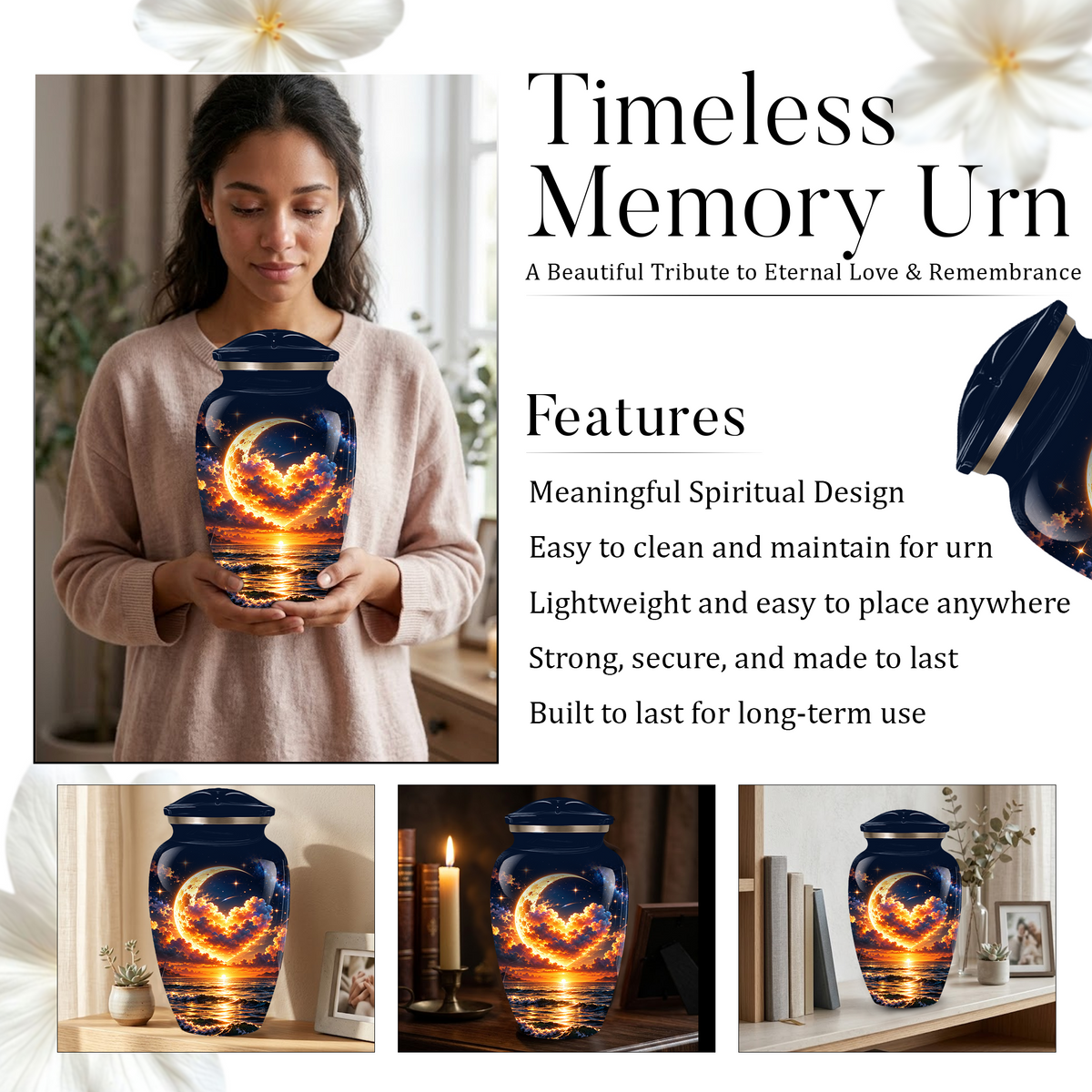 Personalized Adult Cremation Urn for Ashes, Golden Crescent Moon Ocean Memorial Urn, Custom Urn