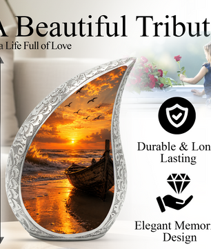 Beach Boat Cremation Urn for Human Ashes | Ocean Sunset Beach Themed Memorial Urn