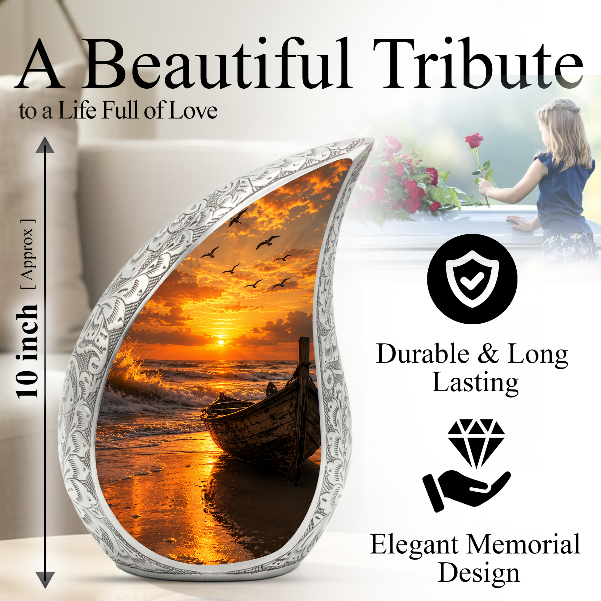 Beach Boat Cremation Urn for Human Ashes | Ocean Sunset Beach Themed Memorial Urn