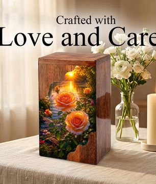 Rose Wooden Cremation Urn – Sunset Floral Memorial Urn for Human Ashes