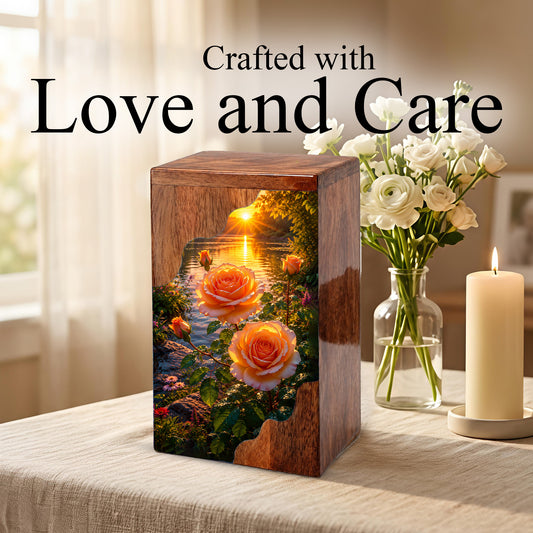 Rose Wooden Cremation Urn – Sunset Floral Memorial Urn for Human Ashes