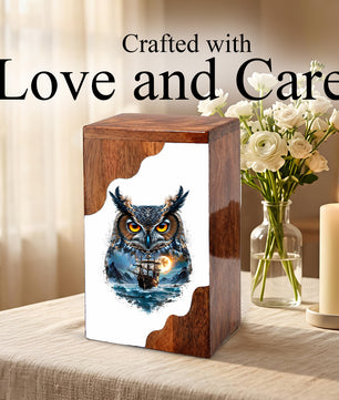 Owl Wooden Cremation Urn – Moonlit Owl Memorial Urn with Ocean Ship Artwork