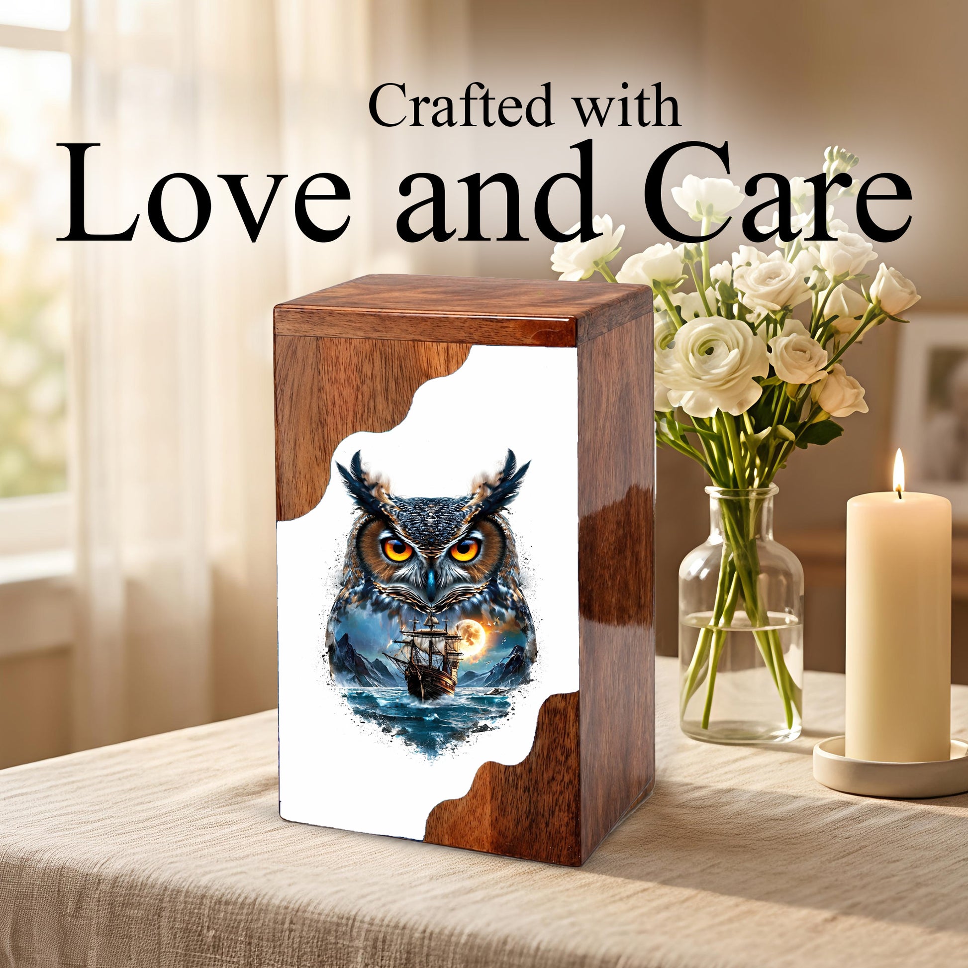 Owl Wooden Cremation Urn – Moonlit Owl Memorial Urn with Ocean Ship Artwork