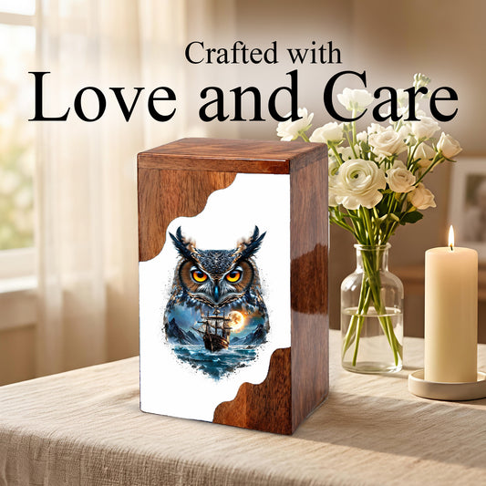 Owl Wooden Cremation Urn – Moonlit Owl Memorial Urn with Ocean Ship Artwork
