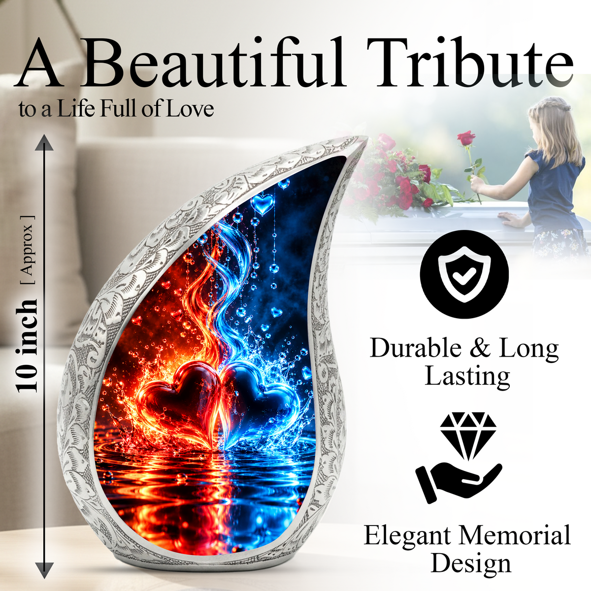 Heart Urn for Ashes, Red and Blue Hearts Aluminum Cremation Urn