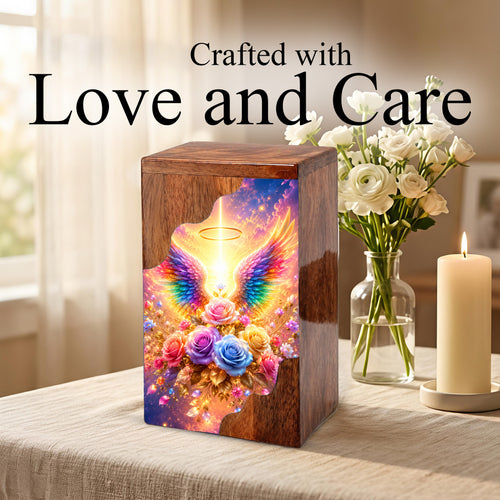 Angel Wings Wooden Cremation Urn – Heavenly Memorial Urn for Human Ashes