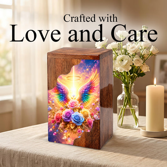Angel Wings Wooden Cremation Urn – Heavenly Memorial Urn for Human Ashes