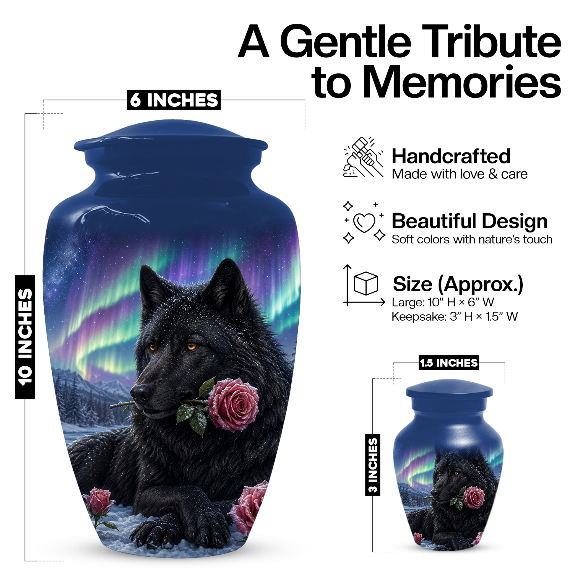 Black  Dog Urn for Ashes -  Personalized Aurora Borealis Pet Memorial