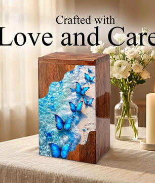 Blue Butterfly Beach Wooden Cremation Urn – Personalized Memorial Urn for Human Ashes