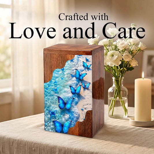 Blue Butterfly Beach Wooden Cremation Urn – Personalized Memorial Urn for Human Ashes