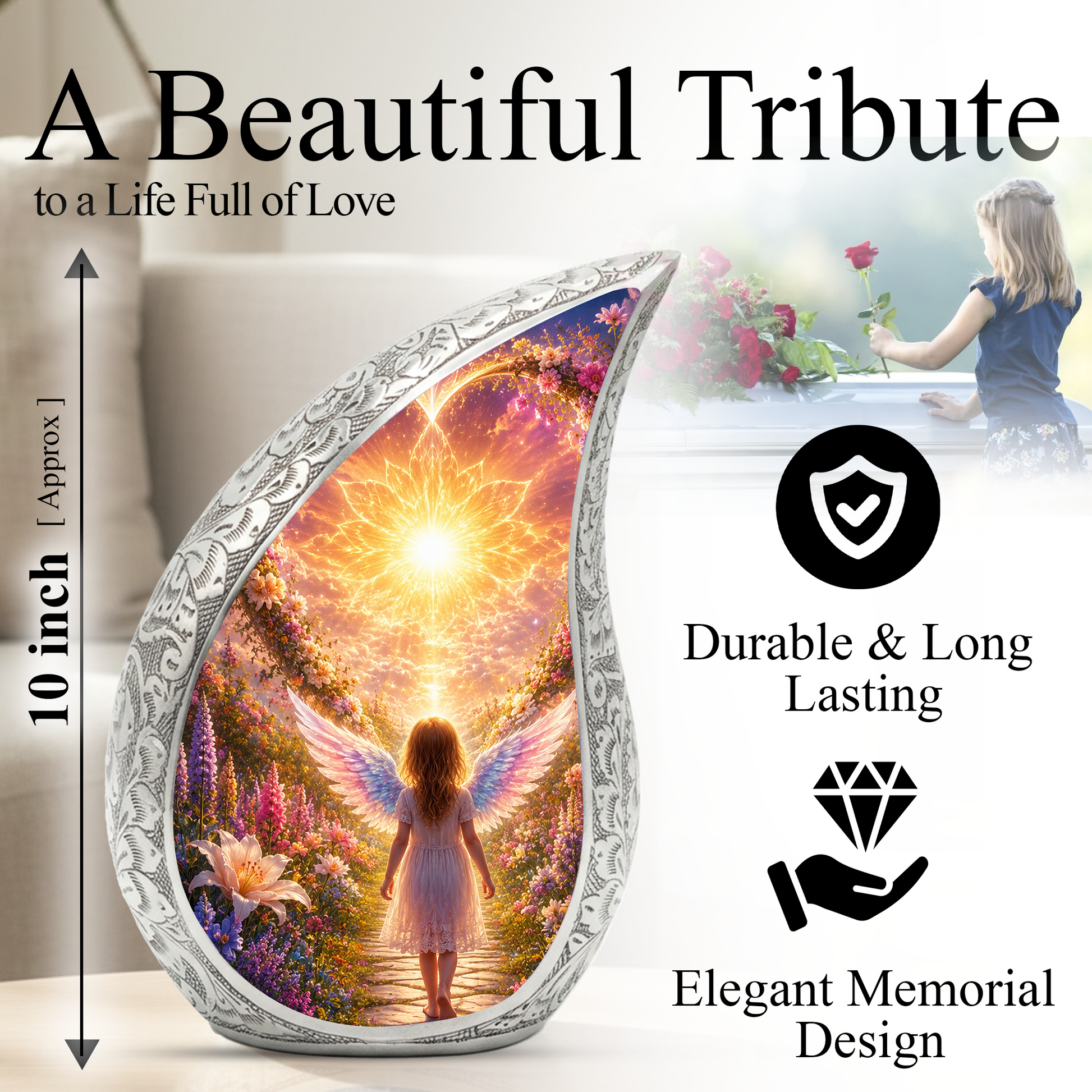 Angel Girl Cremation Urn for Mom, Women & Daughters | Beautiful Female Urn for Human Ashes | Keepsake Memorial Urn
