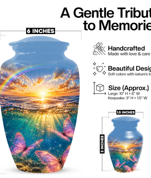 Pink Butterfly Cremation Urn for Women - Rainbow Sunset Memorial Urns for Ashes