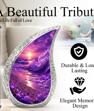 Beach Urns for Human Ashes – Purple Ocean Wave Sunset Beach Themed Cremation Urn