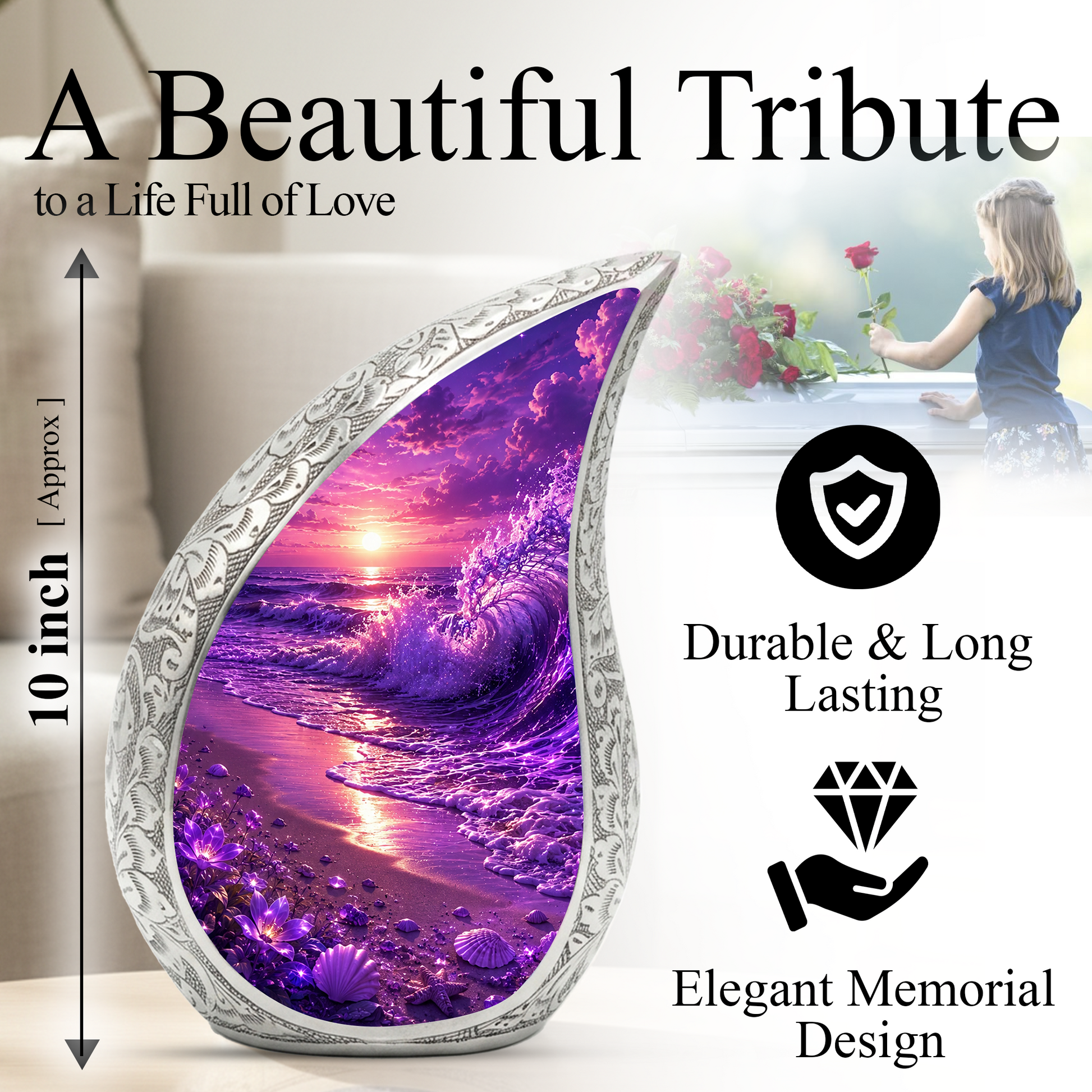Beach Urns for Human Ashes – Purple Ocean Wave Sunset Beach Themed Cremation Urn