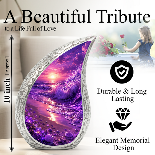 Beach Urns for Human Ashes – Purple Ocean Wave Sunset Beach Themed Cremation Urn