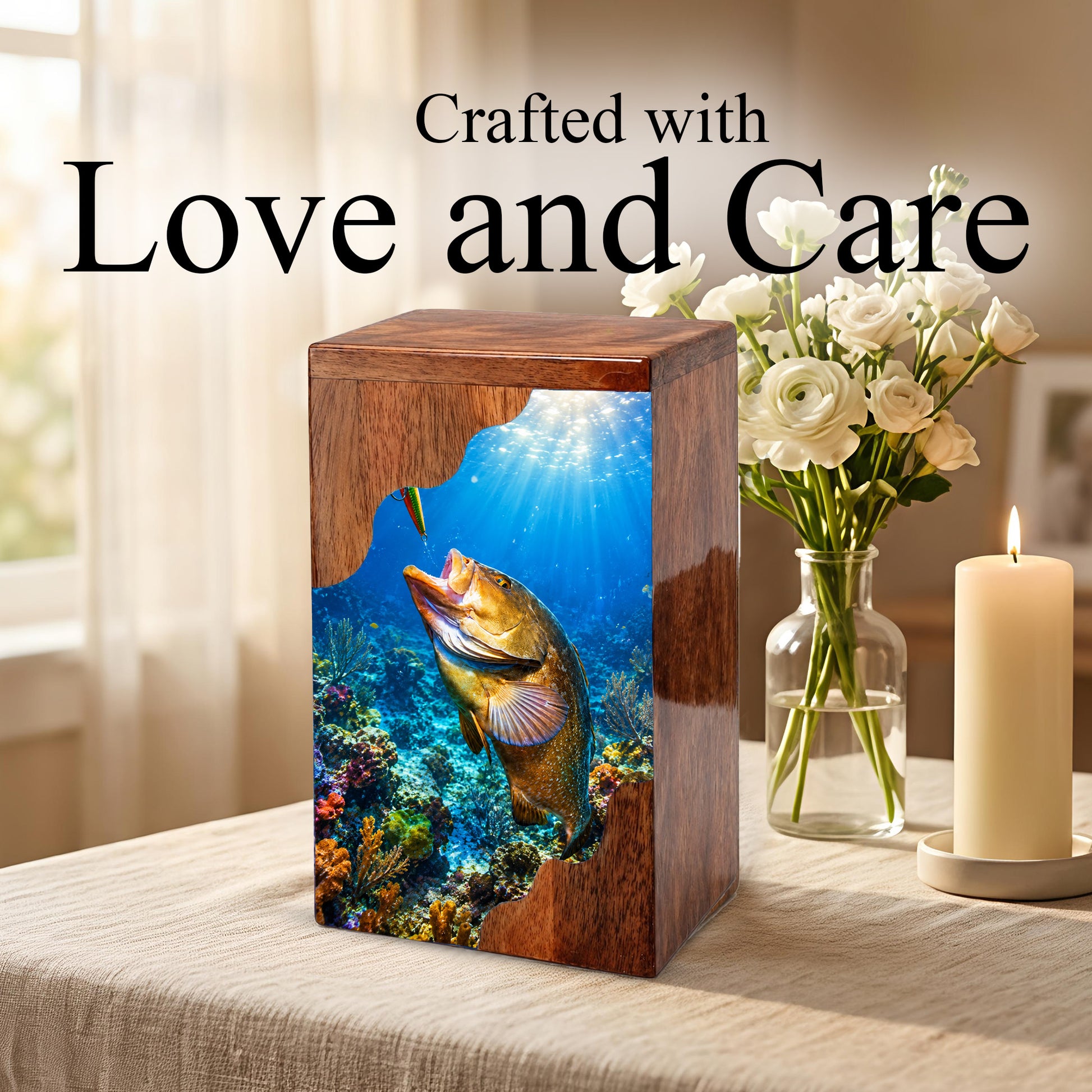 Fishing Wooden Cremation Urn – Ocean Fishing Memorial Urn for Human Ashes