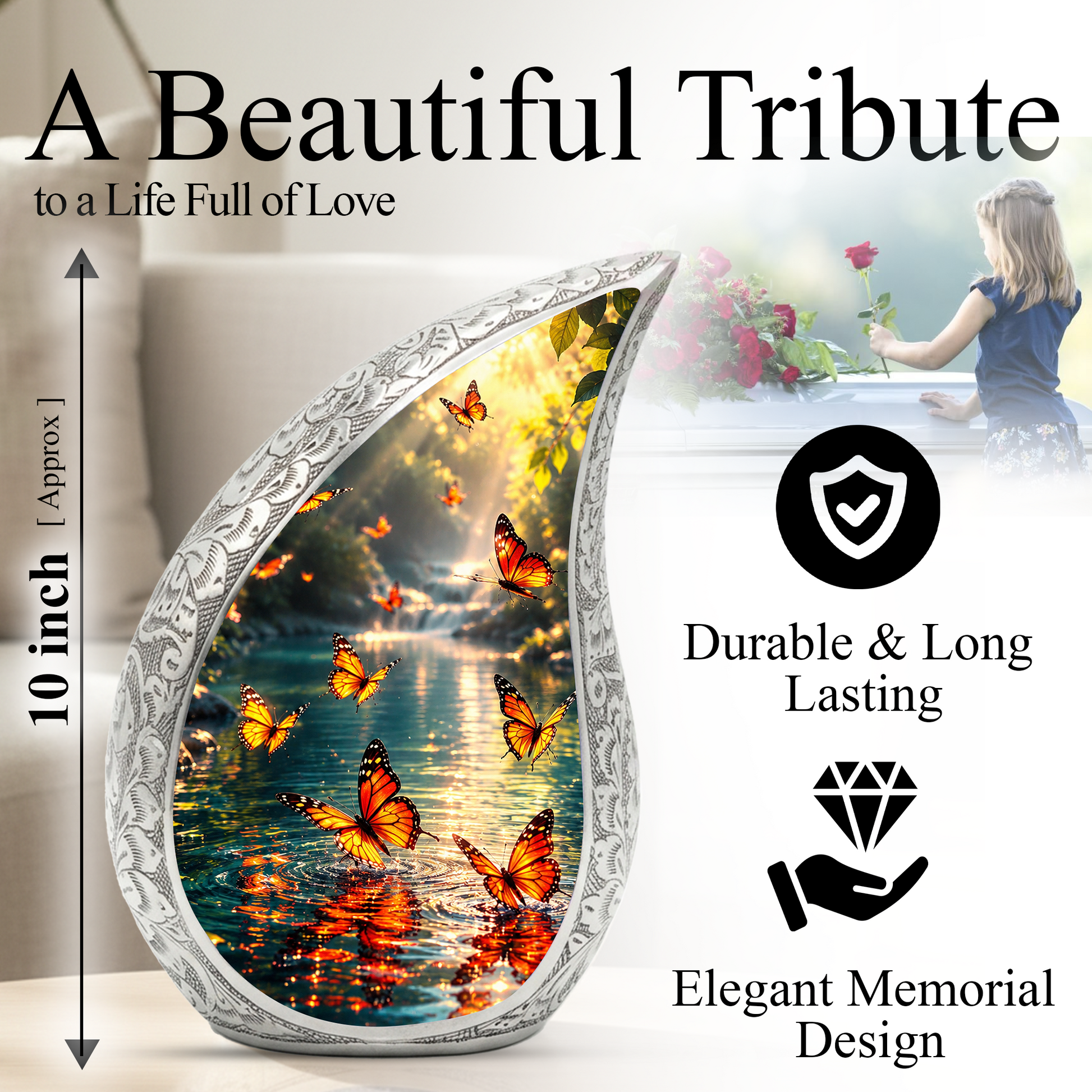 Yellow Butterfly Sunrise Urn for Human Ashes | Butterfly Cremation Urn