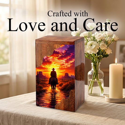 Western Cowboy Wooden Cremation Urn – Sunset Horse Memorial Urn for Human Ashes