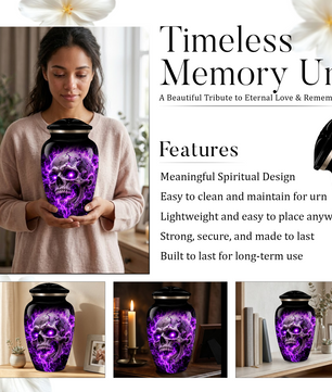 Adult Cremation Urn – Purple Skull & Flames Memorial Urn for Adult Ashes
