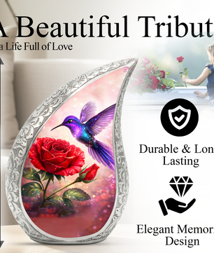 Hummingbird Rose Personalized Cremation Urn – Teardrop Style Aluminum Memorial Urn, 10 Inch