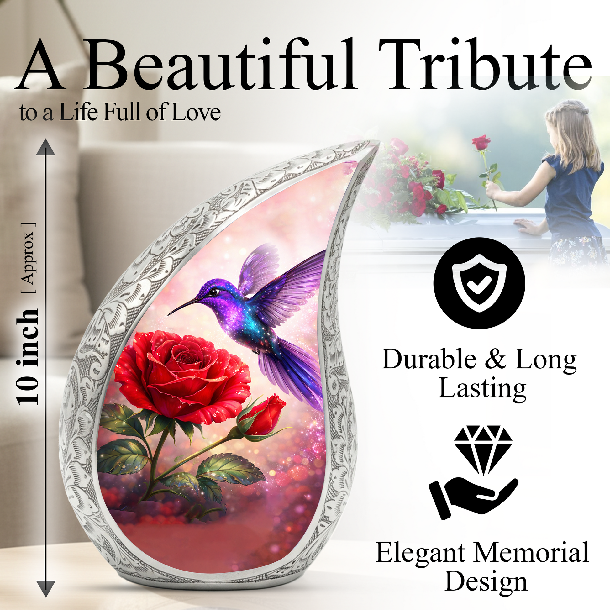 Hummingbird Rose Personalized Cremation Urn – Teardrop Style Aluminum Memorial Urn, 10 Inch