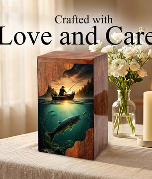 Personalized Wooden Cremation Urn – Fishing Memorial Urn | Gone Fishing Wooden Urn for Dad