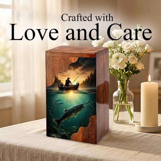 Personalized Wooden Cremation Urn – Fishing Memorial Urn | Gone Fishing Wooden Urn for Dad