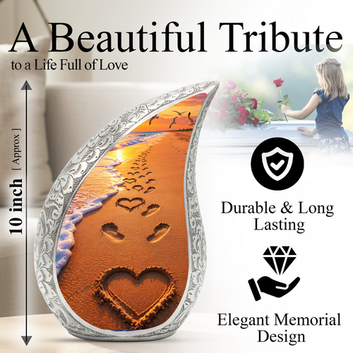 Beach Footprints Memorial Urn for Human Ashes – Personalized Cremation Urn | Heart in Sand Funeral Urn for Mom, Dad & Loved Ones