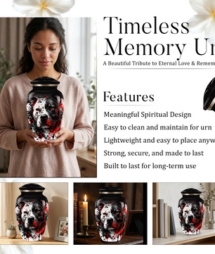 Personalized Pitbull Cremation Urn for Ashes  Black and White Pet Portrait Urn with Red Accents
