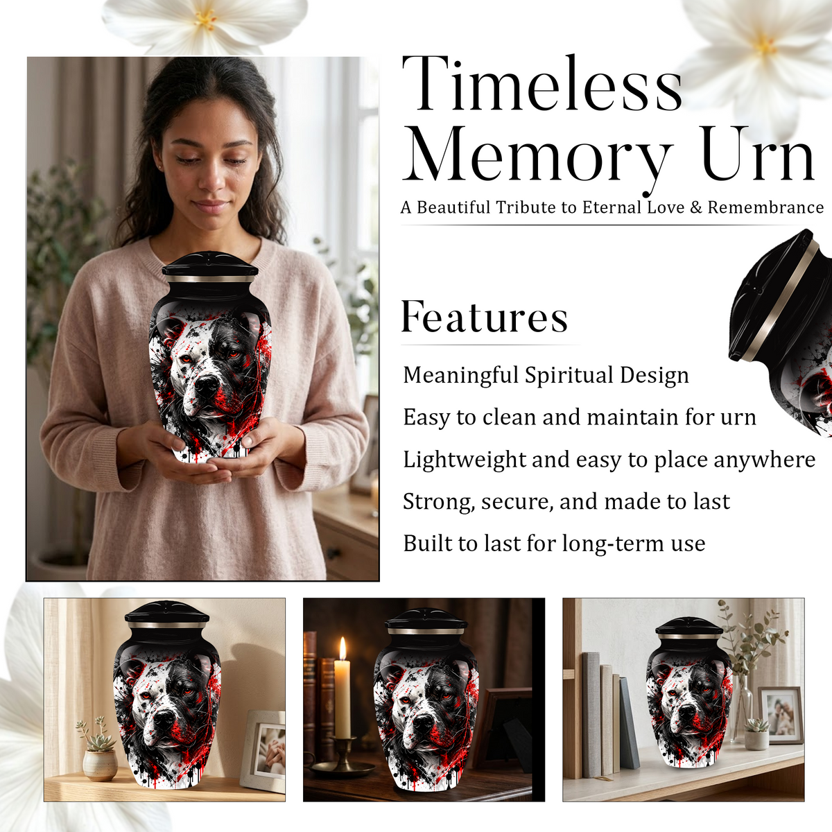 Personalized Pitbull Cremation Urn for Ashes  Black and White Pet Portrait Urn with Red Accents