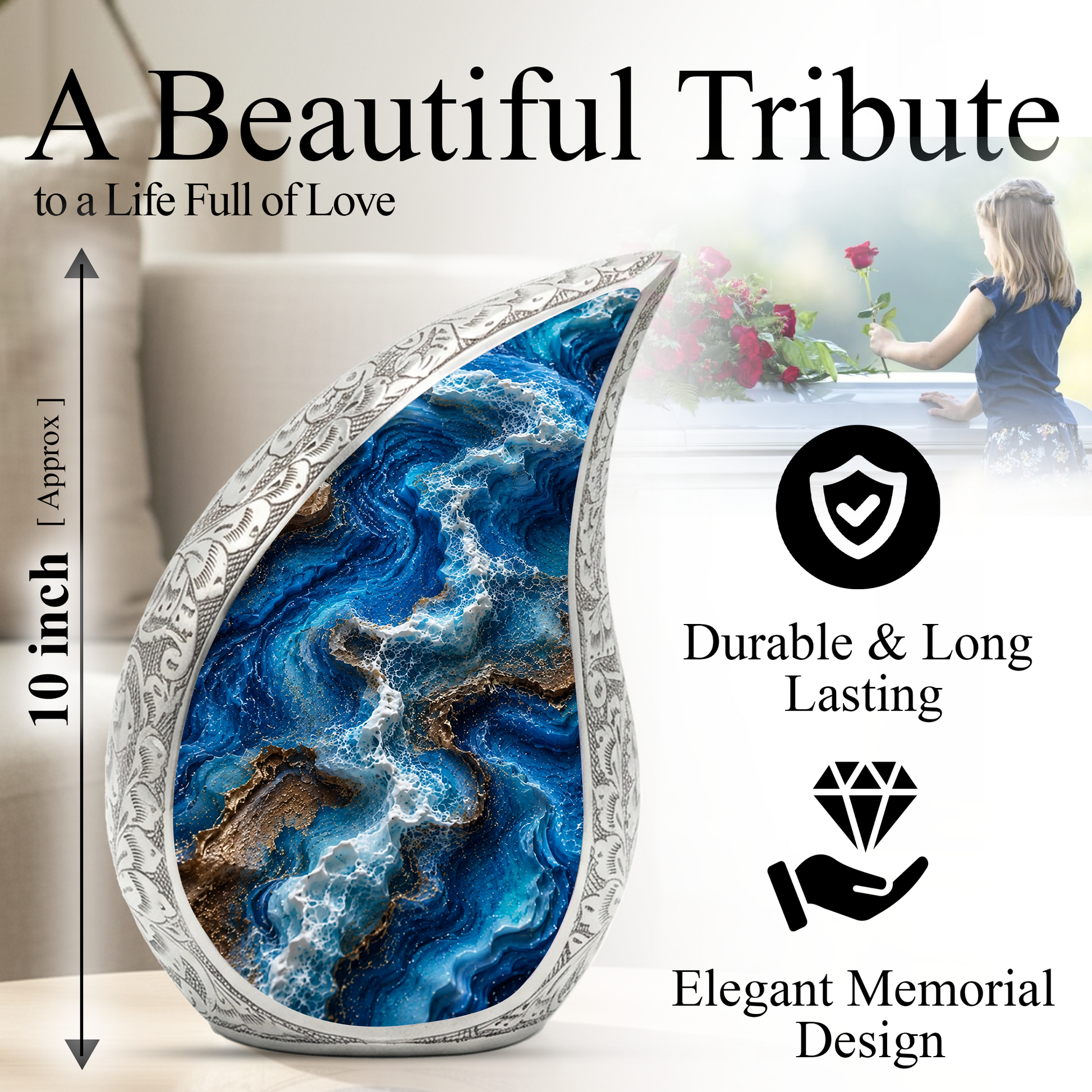 Ocean Wave Urn for Ashes, Adult Cremation Urn for Mom, Beach Memorial Urn