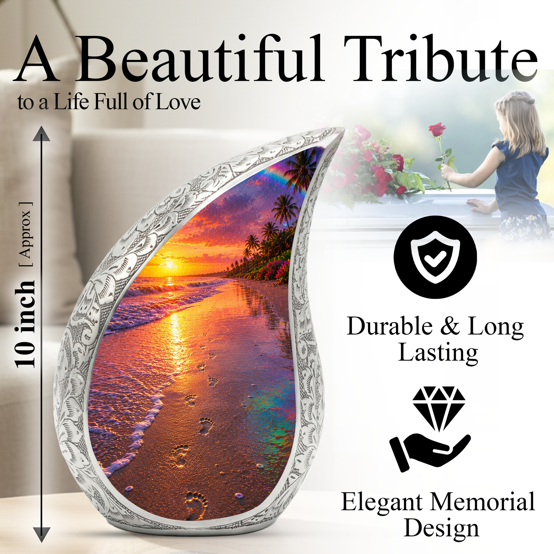 Ocean Beach Sunset Urn for Human Ashes | Tropical Beach Cremation Urn, Ocean Theme Memorial Urn