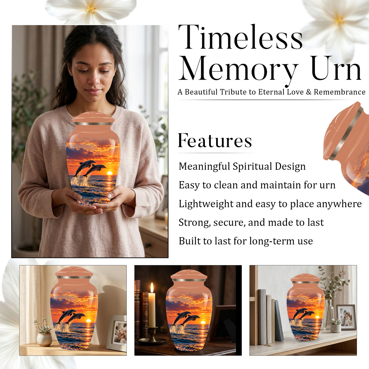 Dolphin Cremation Urn for Ashes, Ocean Sunset Design, Custom Adult Urn for Loved Ones