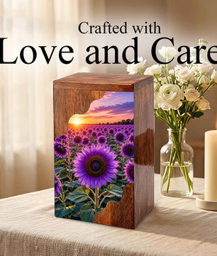 Purple Sunflower Cremation Urn for Mom | Wooden Urn for Human Ashes