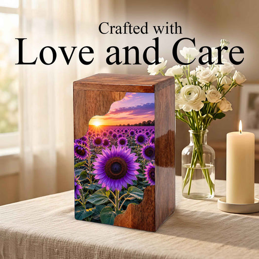 Purple Sunflower Cremation Urn for Mom | Wooden Urn for Human Ashes