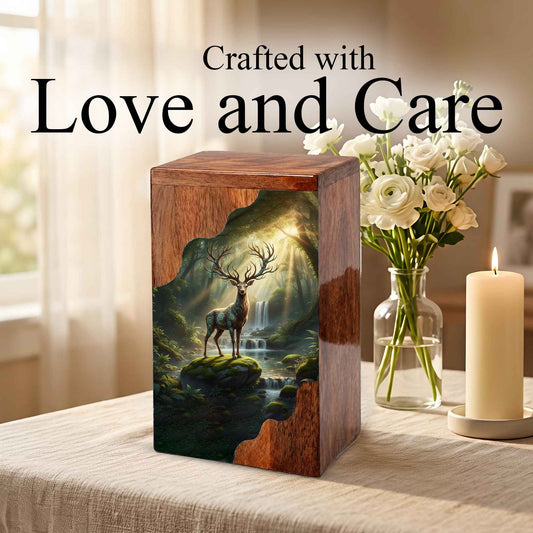 Wooden Cremation Urn – Forest Stag Memorial Urn | Custom Wooden Memorial Urn for Adult Ashes