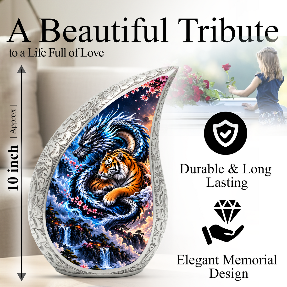 Dragon and Tiger Cremation Urn for Ashes, Asian Mythical Animal Memorial Urn