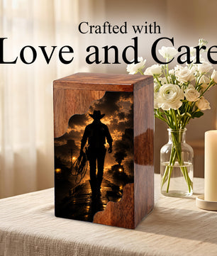 Western Cowboy Wooden Cremation Urn – Cowboy Memorial Urn for Human Ashes