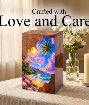 Tropical Beach Wooden Cremation Urn – Heart Sky Memorial Urn with Ocean Sunset Design